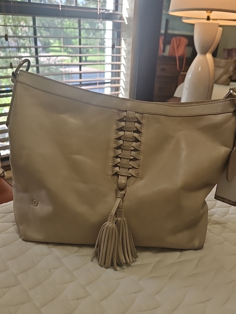 Born Women's Leather Tassel Shoulder Bag in Taupe